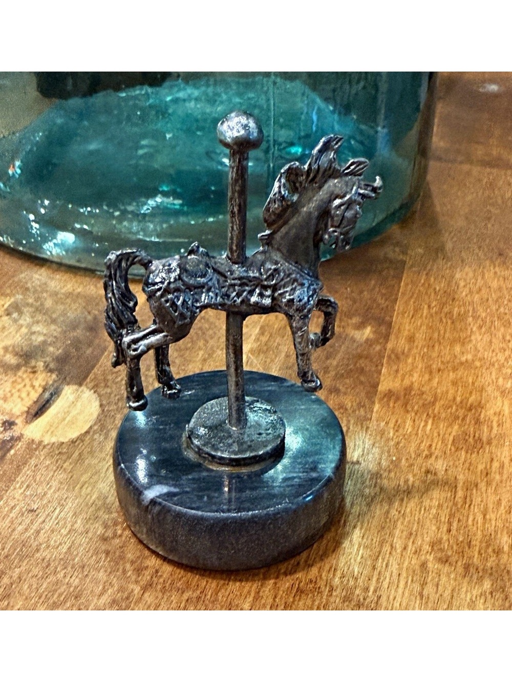 Handcrafted Metallic Brass Metal Horse Figurine on Black Stone Base
